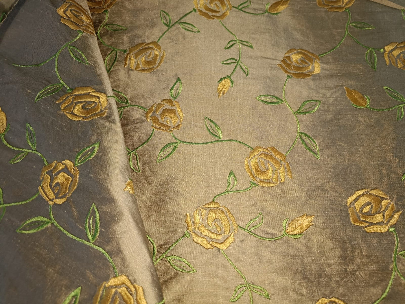 100% SILK DUPION GOLDEN BROWN WITH GOLD FLORAL EMBROIDERY 54&quot;DUPE58[2]