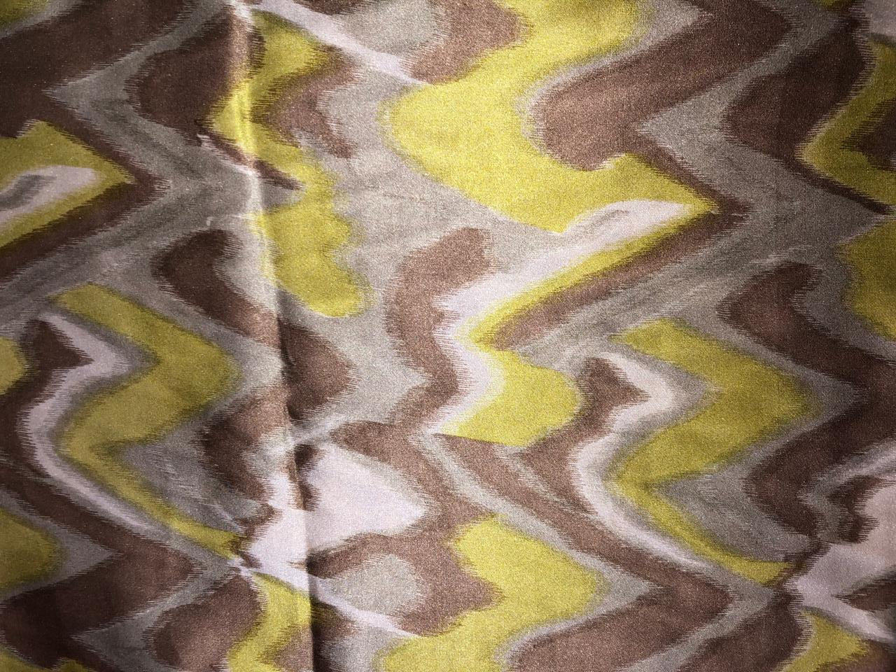 100% Pure Silk Satin 80 grams geometric print shades of silver, lime green and brown 54"Wide Fabric [18287]