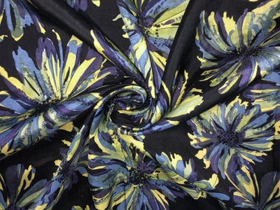 100% silk Dupion fabric floral print black with shades of blues and yellow 54" wide DUPPRT44