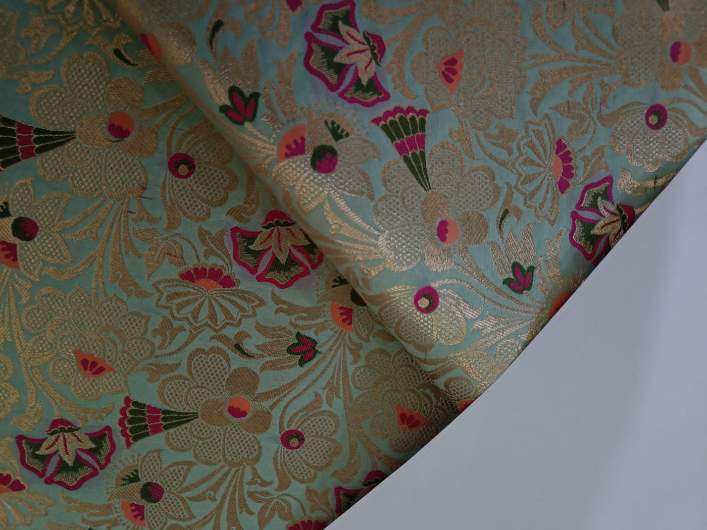 Silk Brocade fabric mint, peach,  pink, green x metallic gold jacquard 44" WIDE BRO902[1]