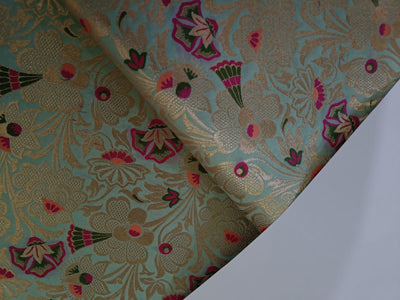 Silk Brocade fabric mint, peach,  pink, green x metallic gold jacquard 44" WIDE BRO902[1]