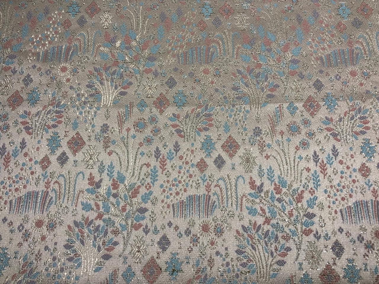 Silk Brocade fabric 56" silver with pink and blue floral jacquard with subtle metallic silver BRO1061[1]