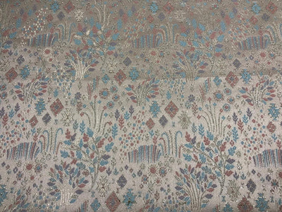 Silk Brocade fabric 56" silver with pink and blue floral jacquard with subtle metallic silver BRO1061[1]