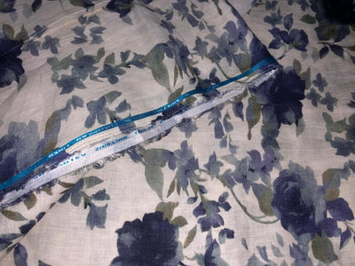 70's lea  pure linen fabric 57 inch wide grey and blue floral print [17649]