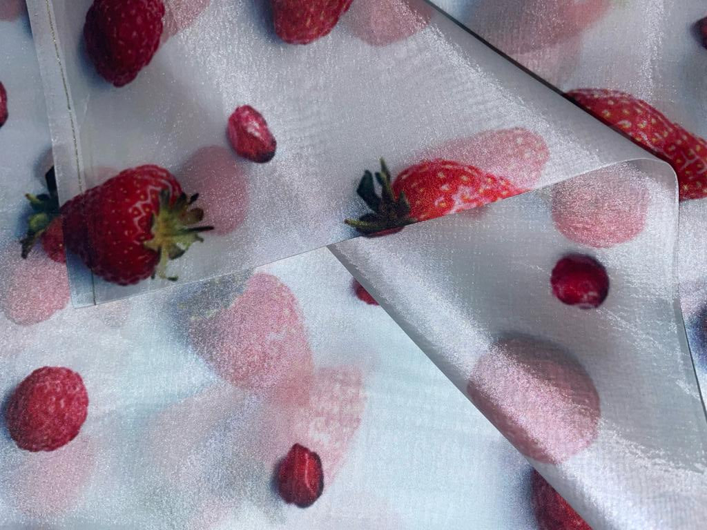 Satin organza fabric digital printed white silver with red strawberry WIDTH 44" 112 CMS WIDE [9316]