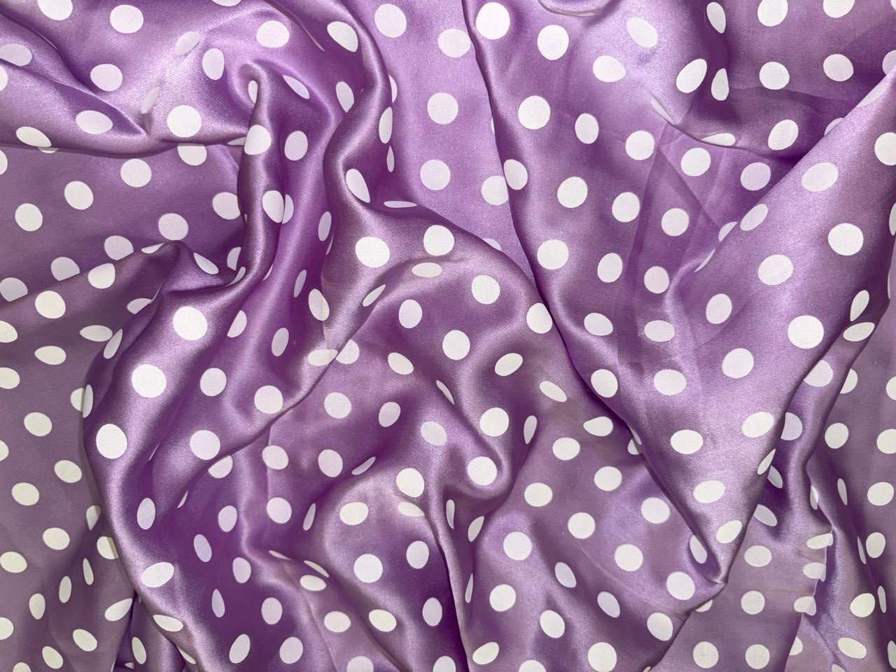100% Pure Silk Satin 80 grams Lilac color with white dots 54"Wide Fabric [18283]