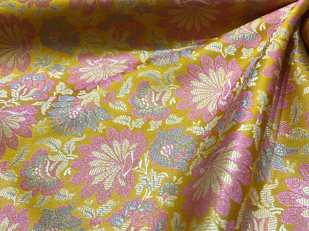 Silk Brocade fabric mango with pink and gold floral   jacquard  BRO1019[4]