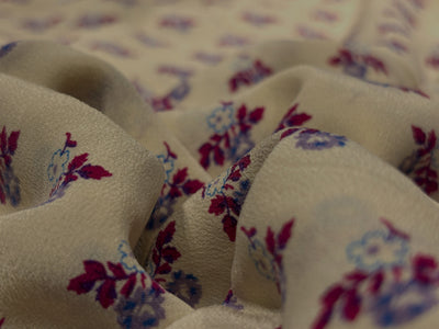 Pure silk  crepe printed fabric cream with tiny lavender burgundy floral motifs 54"[18262]