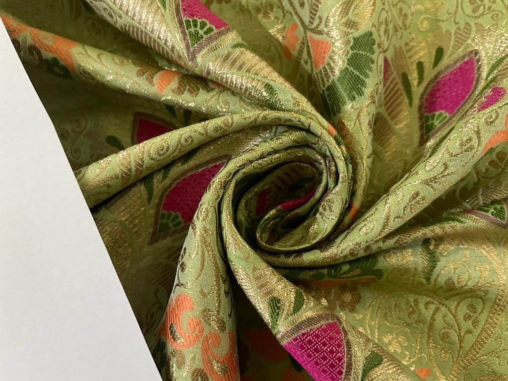 Silk Brocade fabric available in 2 colors Ivory and mint  with metallic gold ,pink and green color Jacquard color 44" wide BRO896[4/5]
