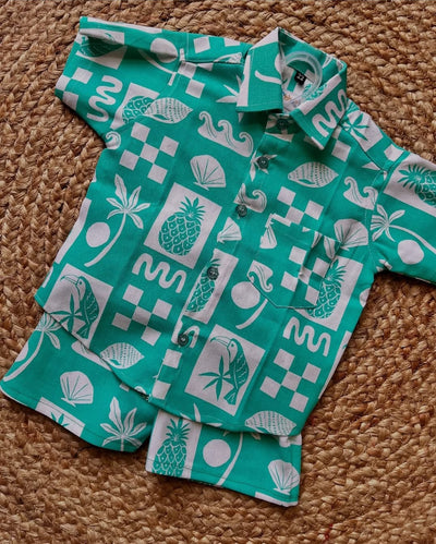 Linen Print green and white vacation/beach/children wear print [17741]