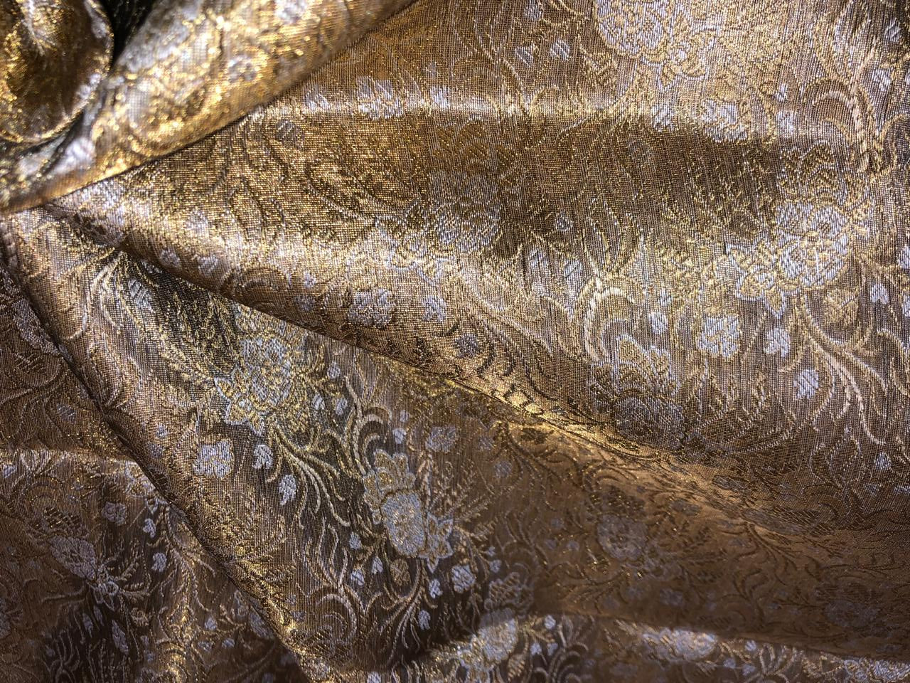 Silk Brocade fabric old gold and silver white floral jacquard  BRO1080[1]