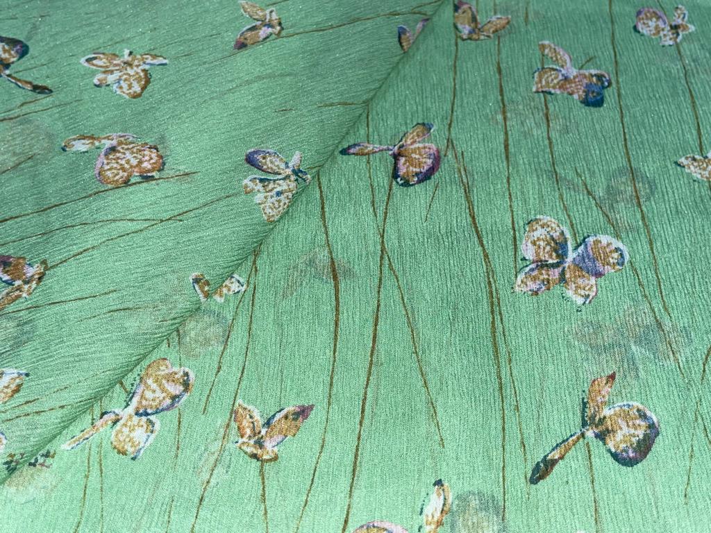 Silk chiffon printed  fabric green butterflies 44" wide [15452]