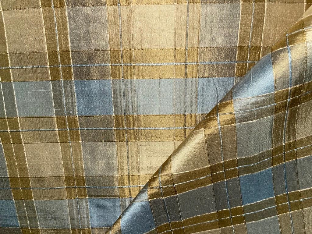 100% PURE SILK DUPION FABRIC ribbed PLAIDS blue gold color 54" wide DUPC112[3] [9688]