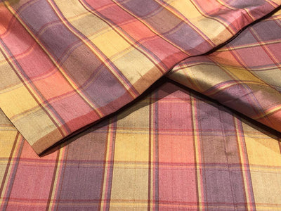 100% PURE SILK DUPIONI FABRIC  PLAIDS DUSTY PINKS PURPLE AND GOLD COLOR 54" WIDE single length 4.30  yds DUPcutC11