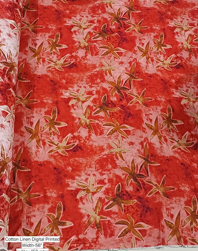 Linen Print red with star fish  vacation/beach print 58" wide [18279]