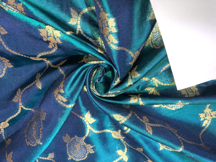 Brocade Fabric PEACOCK BLUE Jacquard x metallic gold and silver