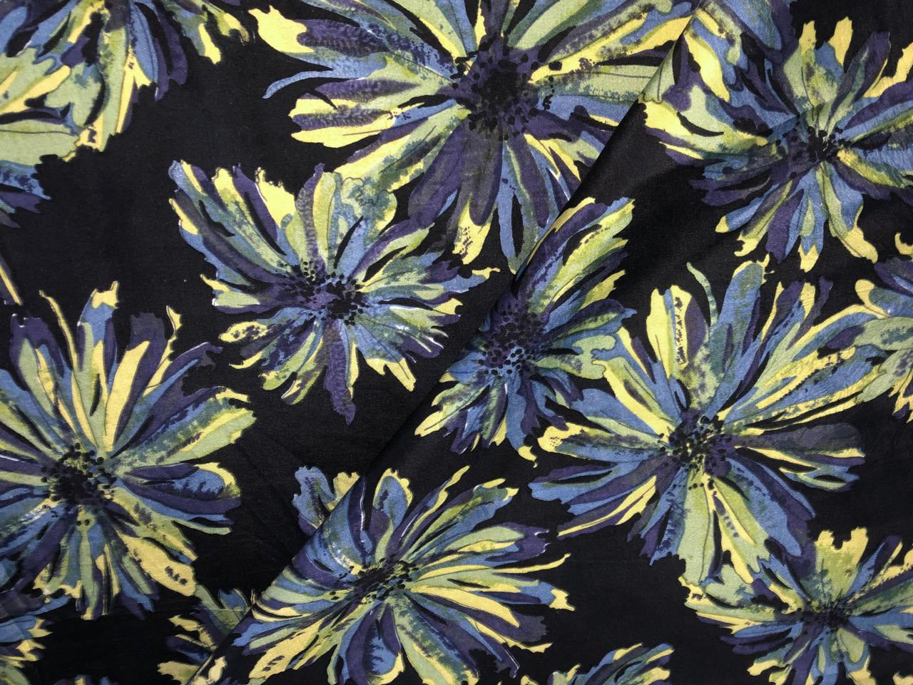 100% silk Dupion fabric floral print black with shades of blues and yellow 54" wide DUPPRT44
