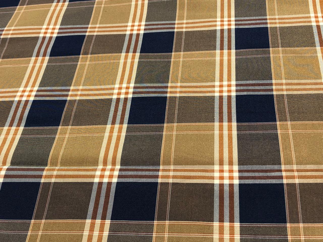 100% PURE SILK DUPIONI FABRIC  PLAIDS  shades of brown and navy COLOR 54" WIDE single length 3.30 yds DUPcutC5