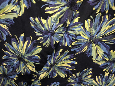 100% silk Dupion fabric floral print black with shades of blues and yellow 54" wide DUPPRT44