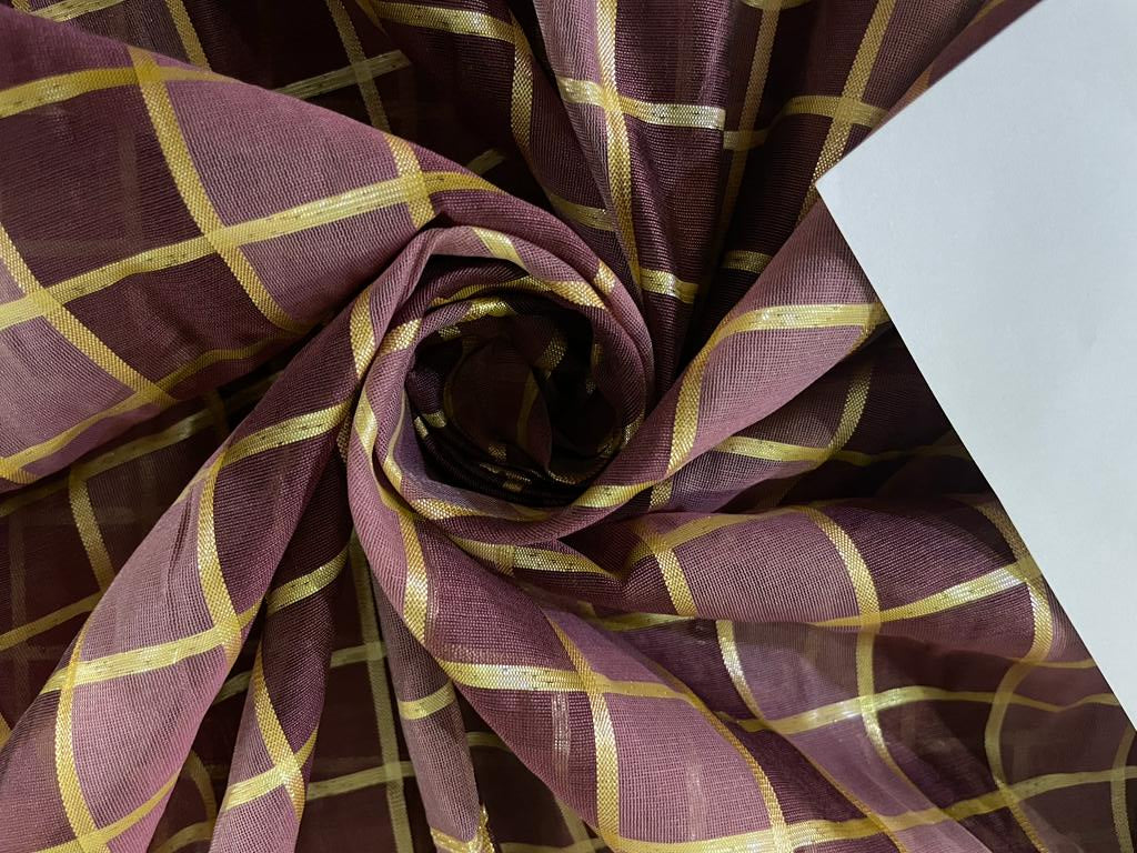 cotton chanderi fabric plaids shade of maroon X metallic gold color 44" wide [9257]