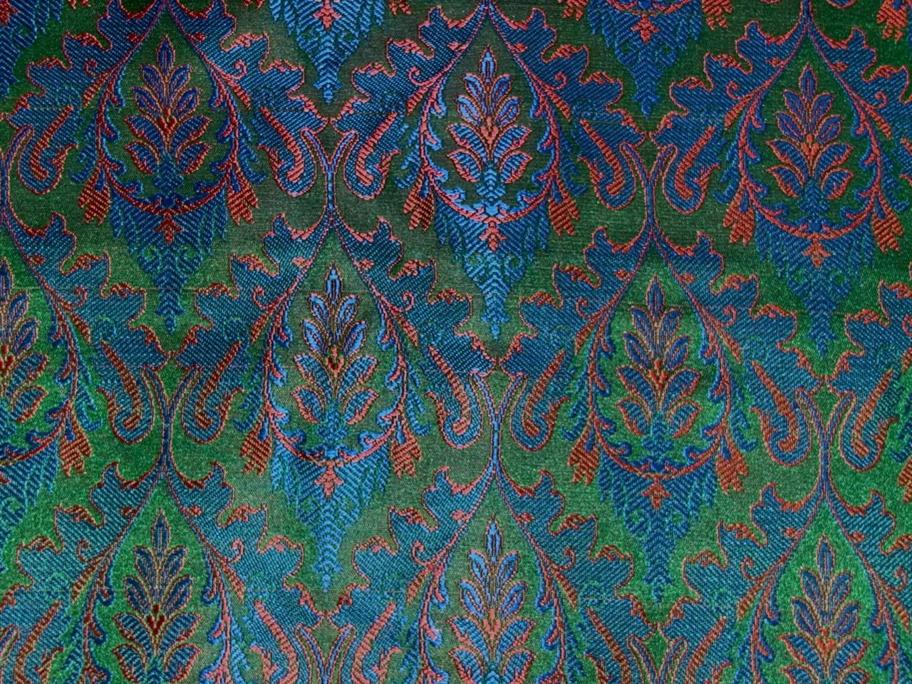 Silk Brocade fabric 44"jacquard green with beautiful blue and reddish orange motifs BRO1068[2]