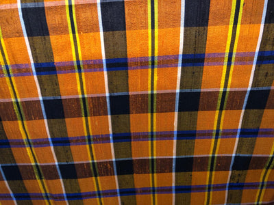 100% silk dupion  Plaids fabric with slubs shades of burnt orange ,navy, black and yellow 54" wide DUPNEWC29[3]