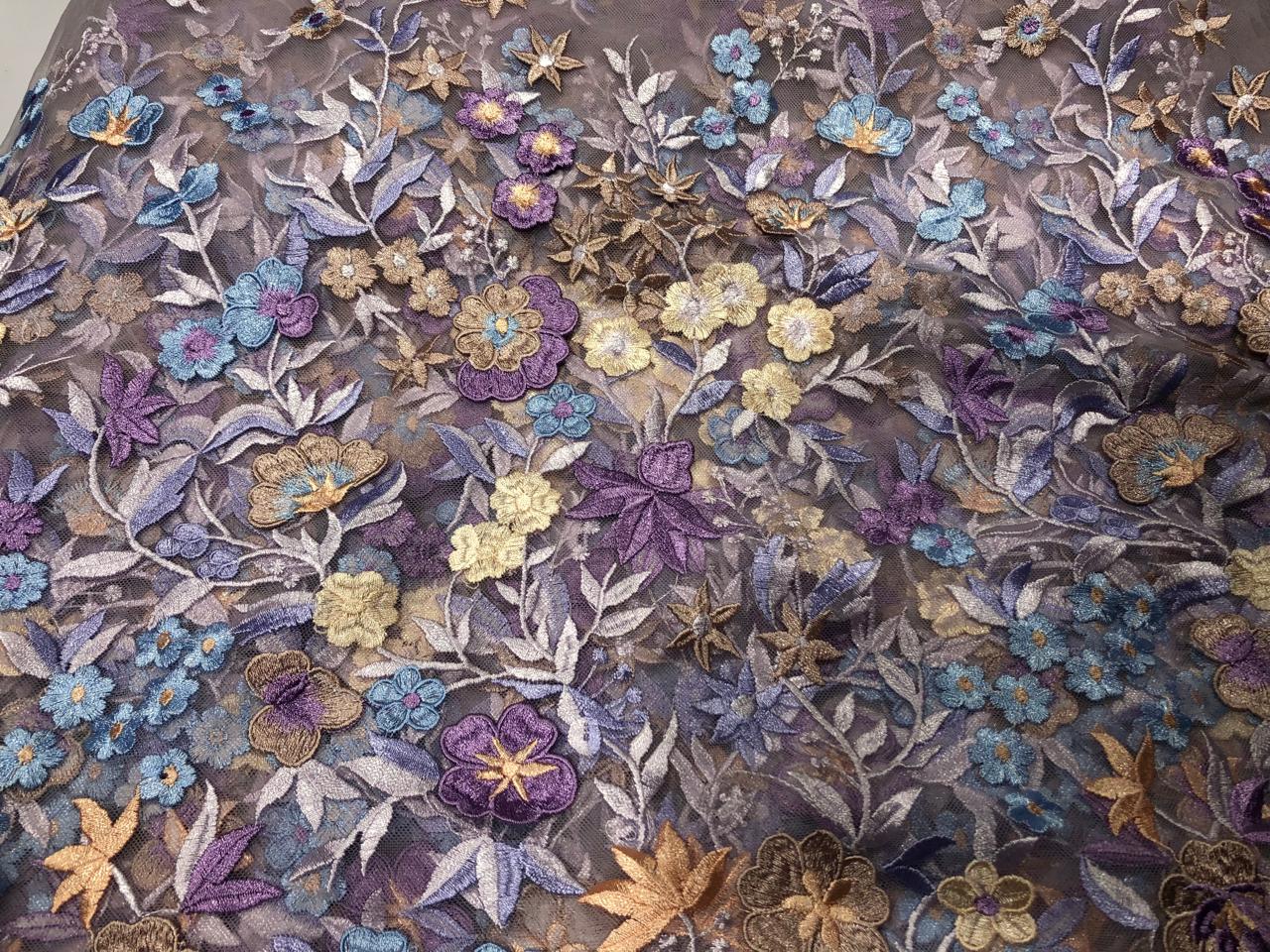 NET fabric lilac with floral embroidery with patchwork of nude pink, lilac and blue flowers 58" wide [17716]