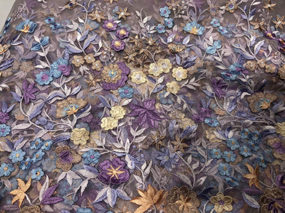 NET fabric lilac with floral embroidery with patchwork of nude pink, lilac and blue flowers 58" wide [17716]