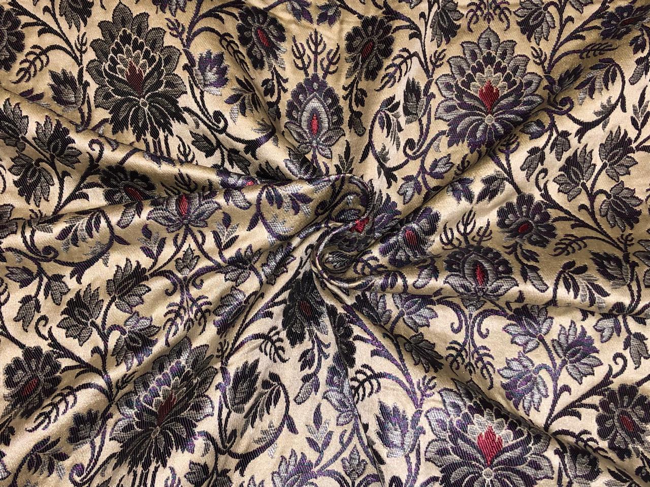 Silk Brocade fabric ivory with silver grey and red floral jacquard BRO1069[3]