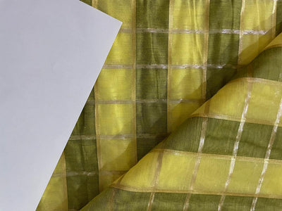 Cotton chanderi fabric plaids shade of lemon yellow x metallic gold 44" wide [9261]