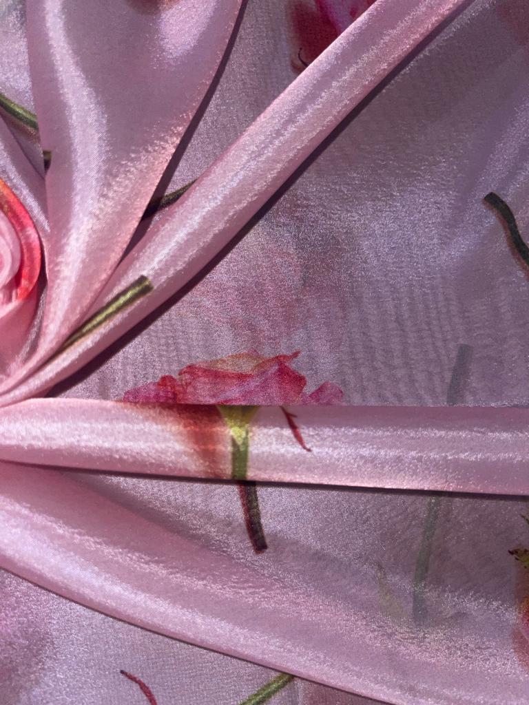 Satin organza fabric digital printed pink with pink roses WIDTH 44 INCHES 112 CMS WIDE [8961]