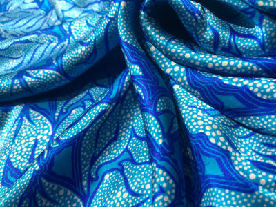 100% PURE SILK 80 GRAMS  SATIN PRINTED 44"WIDE  FABRIC SHADES OF BLUE WITH ABSTRACT  PRINT [16947]
