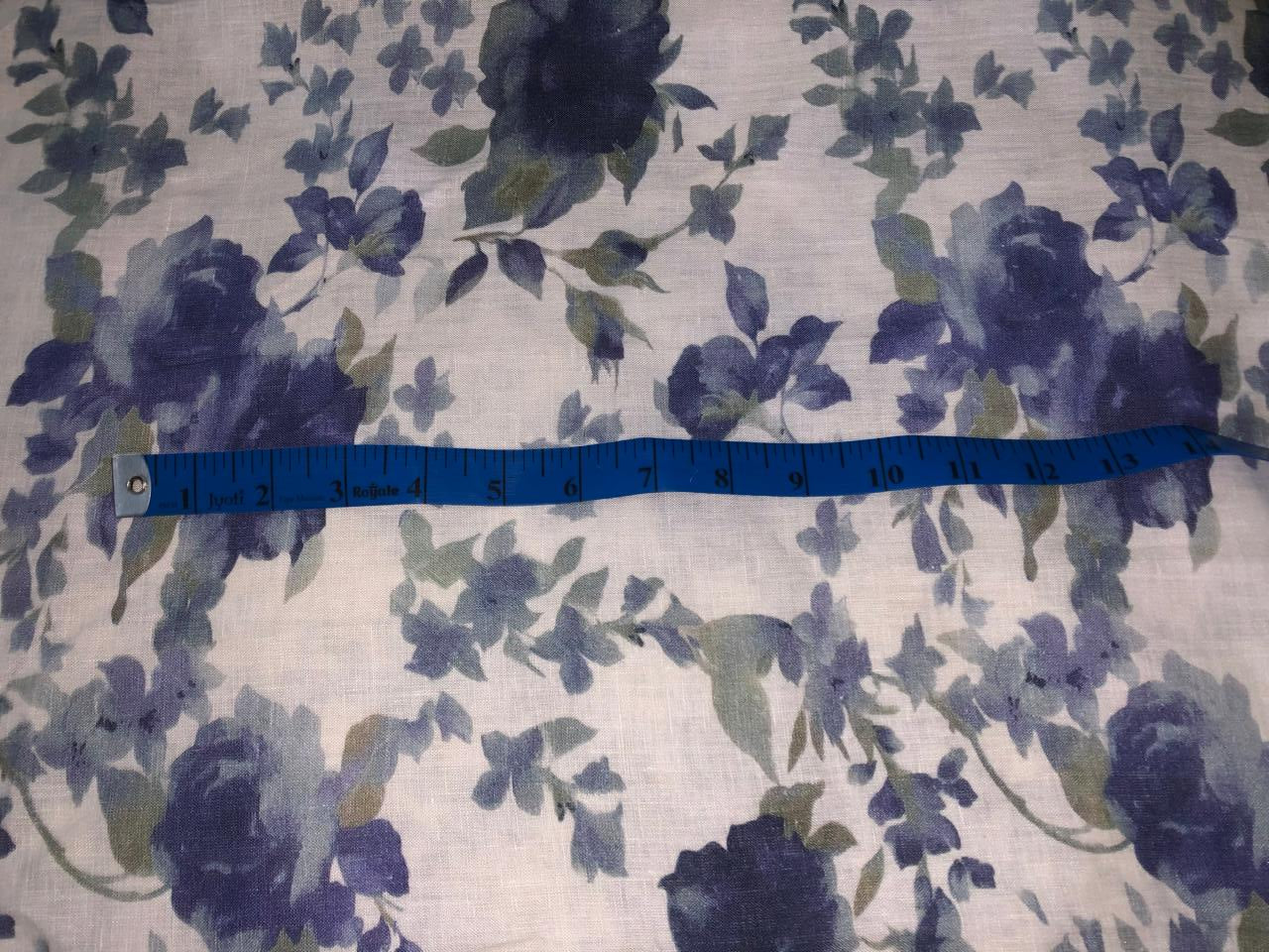 70's lea  pure linen fabric 57 inch wide grey and blue floral print [17649]