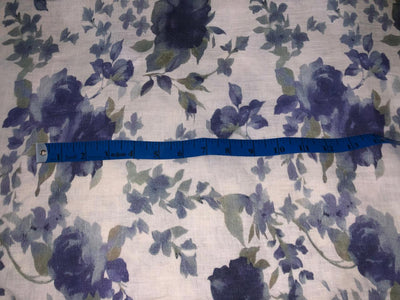 70's lea  pure linen fabric 57 inch wide grey and blue floral print [17649]