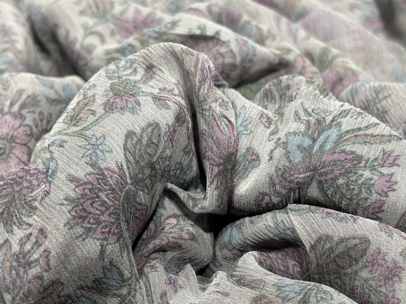 Silk chiffon  fabric iridescent  pink green and grey floral with bird  print  44" wide [17794]