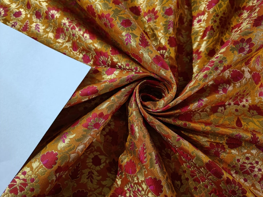 Silk Brocade fabric 44" wide BRO878 available in 5 colours [Mango/ Red , Emerald Green / Red ; Black/ Red ;Red/ Pink ; Navy /Pink AND METALIC GOLD