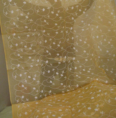 100 % Cotton organdy fabric embroidered~Mango Yellow colour w/white machine embroidered 44&quot; wide