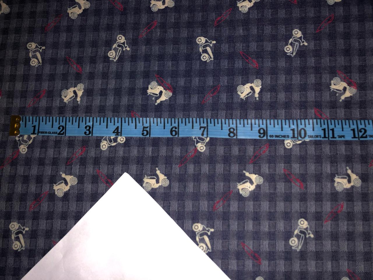 100% Cotton Denim Fabric 58" wide available in 2 STYLES DENIM PLAIDS WITH SCOOTER MOTIF AND  DENIM SELF PLAIDS CHARCOAL GREY