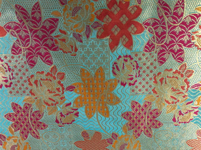 Silk Brocade fabric blue with rust, mustard, pink and gold   floral jacquard   BRO1019[3]
