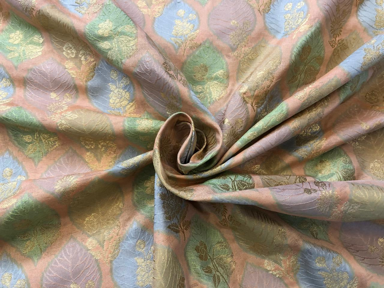 Silk Brocade fabric with colorful  leaf floral motif jacquard available in 3 colors mauve , pink peach and ivory BRO1091