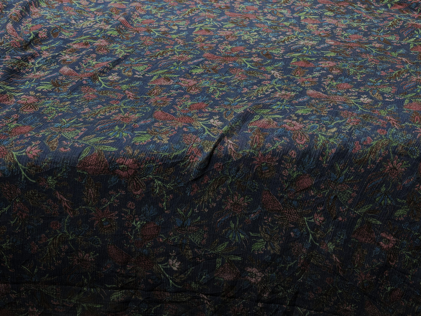 Silk chiffon printed  fabric deep ink blue  Color with red and green floral Print 44" wide [17793]