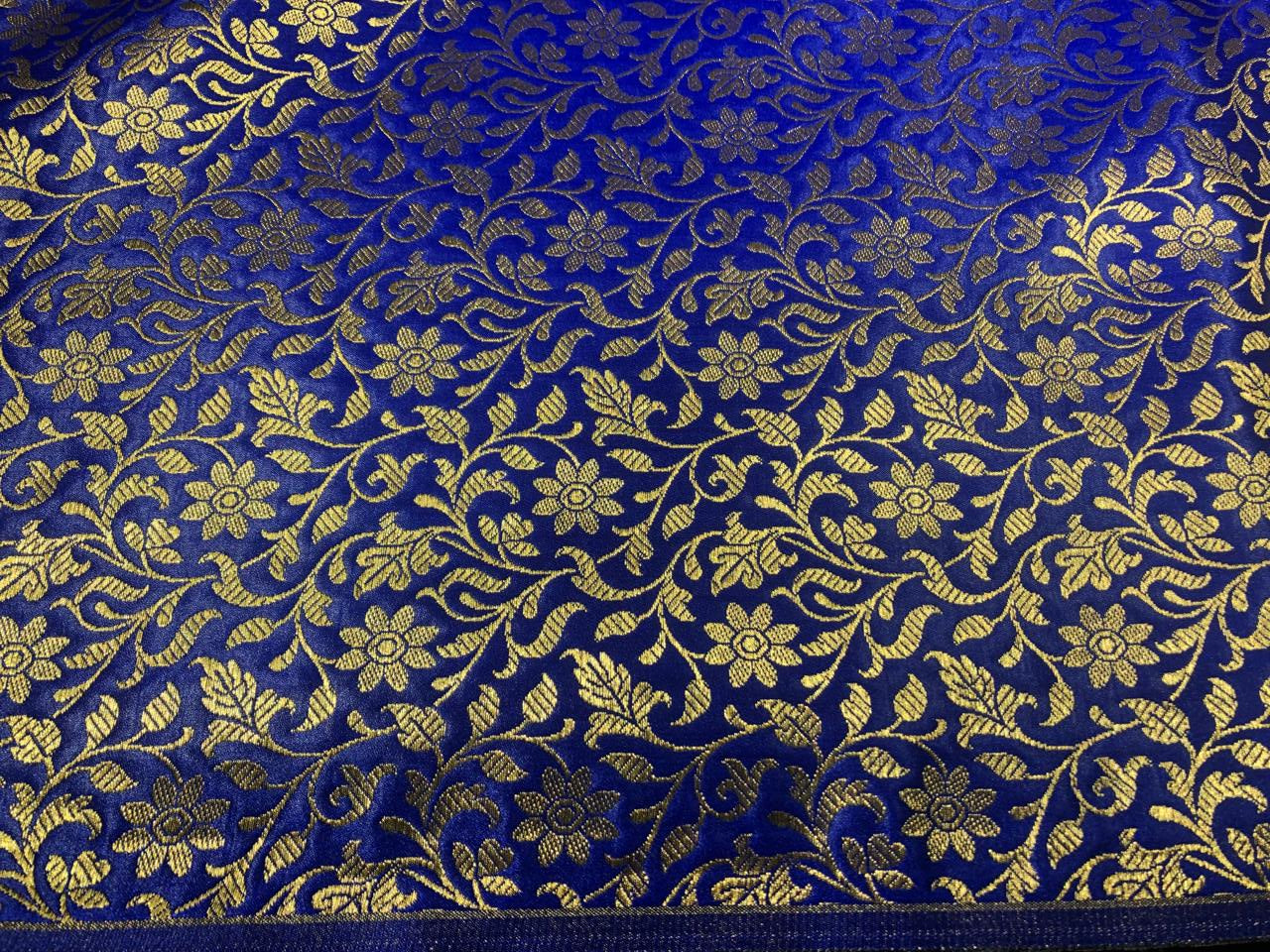 Silk Brocade fabric 44" and metallic gold floral jacquard available in 2 colors royal blue and green BRO1048