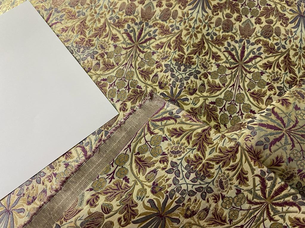 Silk Brocade fabric Cream and pastel shades of purple with metallic gold 58" wide BRO903[4]