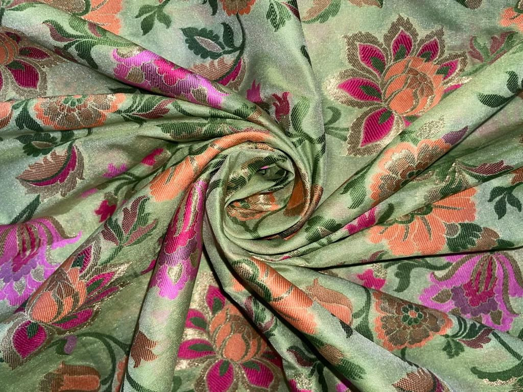 Silk Brocade fabric available in two colors Beige and green with multi color floral and metallic gold 44" wide BRO891[4&5]