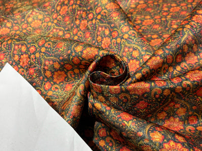 Silk Brocade fabric FLORAL jacquard available in 2 colors  TEAL,BURNING ORANGE ,GOLDEN YELLOW AND MANGO,GREEN, IVORY  56" BRO1009[3/4]