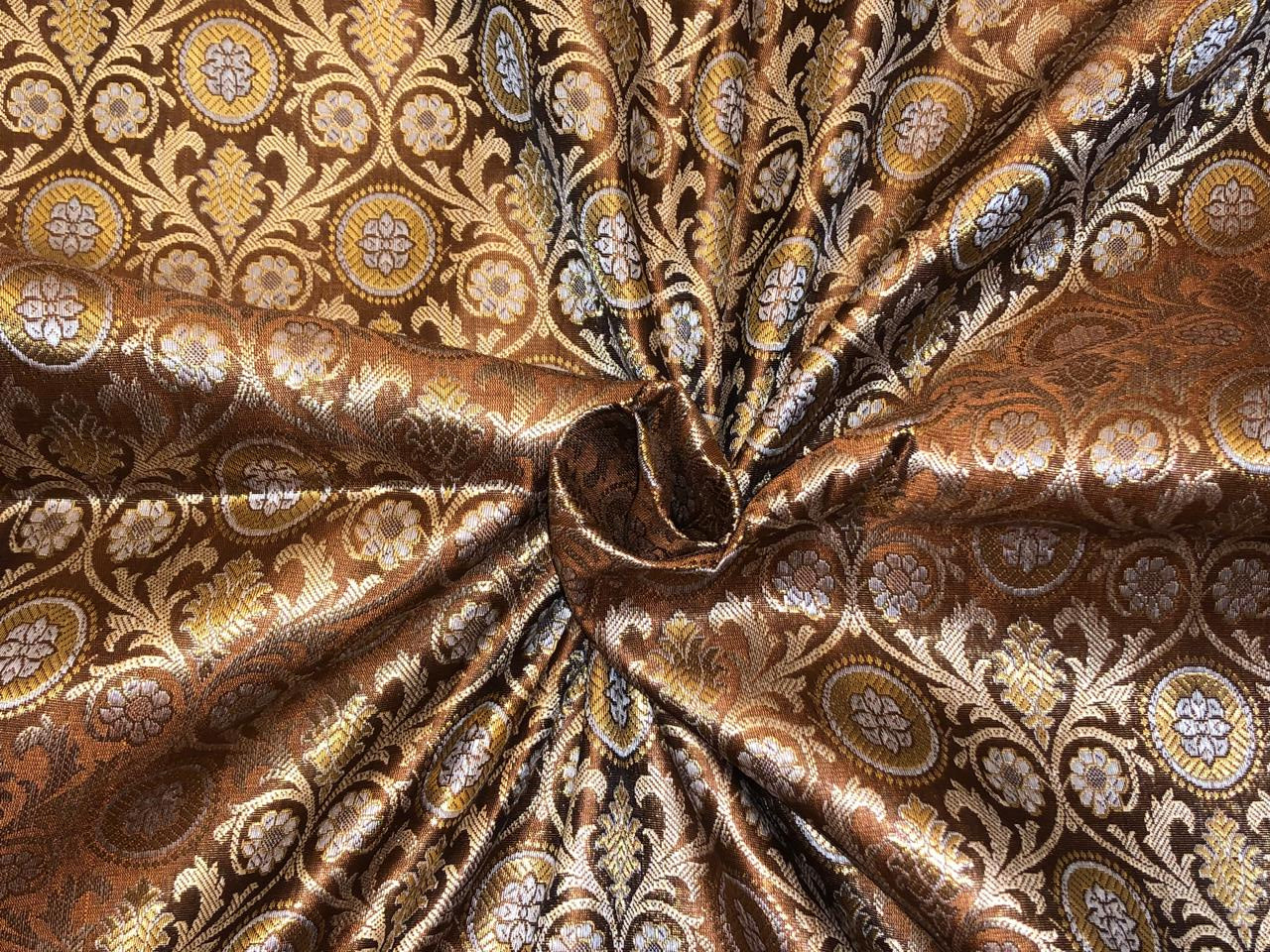 Silk Brocade fabric brown with  gold and silver  jacquard BRO1074[3]