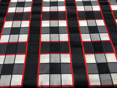 100% PURE SILK DUPIONI FABRIC  PLAIDS black,red,grey, ivory and red COLOR 54" WIDE single length 2.15 yds DUPcutC7