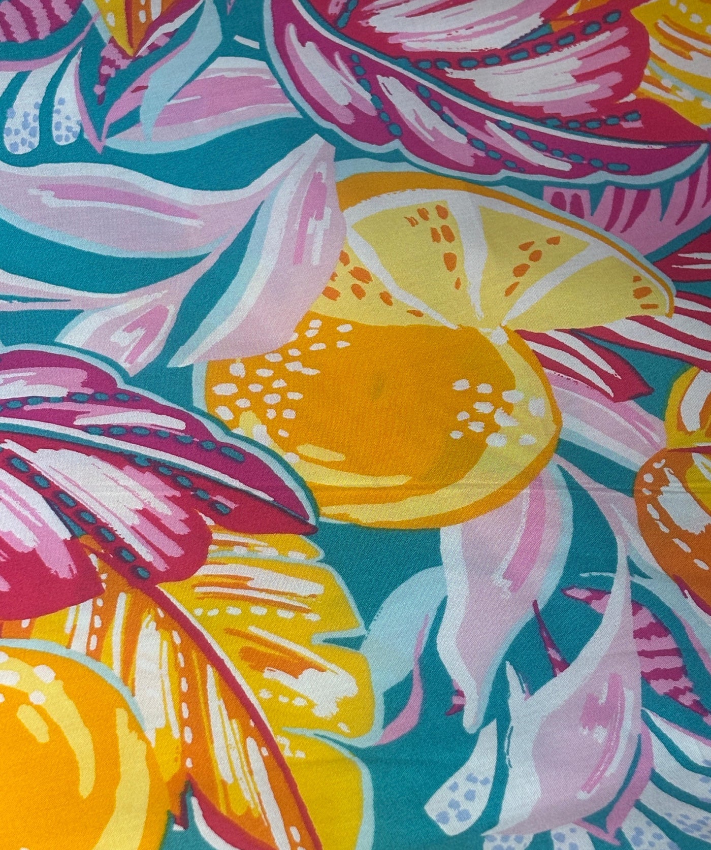100% Cotton Poplin 58" wide digital print pastel pinks, sea blue ,bright yellows jungle print [17614]