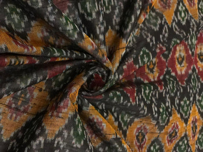100% pure silk dupion ikat fabric black maroon x green color 44" wide [8374]