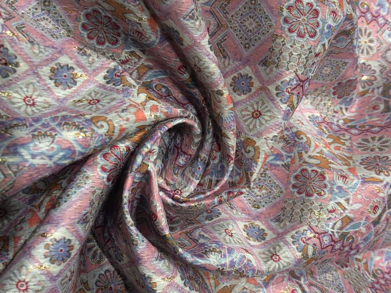 Silk Brocade fabric 56" ivory with  pink with blue and mango floral and very subtle metallic gold jacquard BRO1060[2]